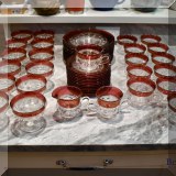 K01. Mid Century Kings Crown thumbprint Ruby flashed glass 42-piece dessert set. - $225 
